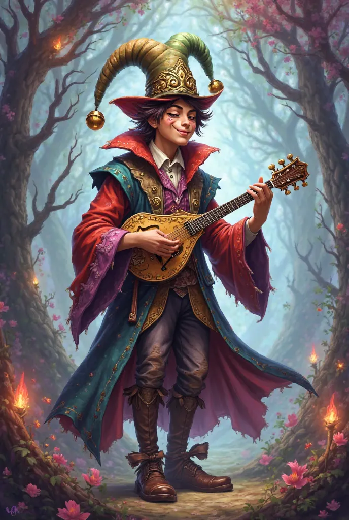 Create a profile picture for a DnD character. It’s a human bard dressed like shaco from league of legends. He holds a Mondolin. The art should look like a fairytale