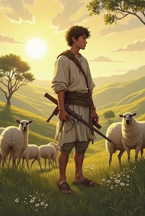 A young shepherd named Davi stands in a verdant field,  surrounded by his sheep .  He wears a simple linen tunic ,  tied with a leather belt , and worn sandals. His sling is in his hand, and he looks at the horizon with a determined look. The golden sun sh...