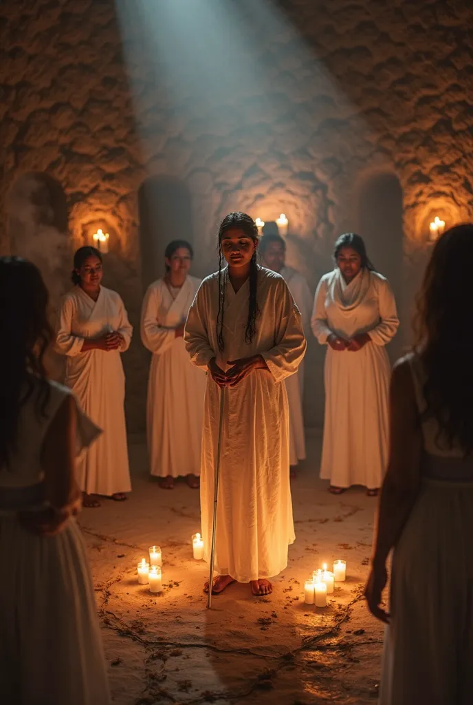 1. Opening Scene – The Spiritual Temple (Terreiro)
"A dimly lit spiritual temple (terreiro) with flickering candles, soft smoke rising from incense, and a sacred, mystical atmosphere. People dressed in white stand in a circle, preparing for a spiritual cer...