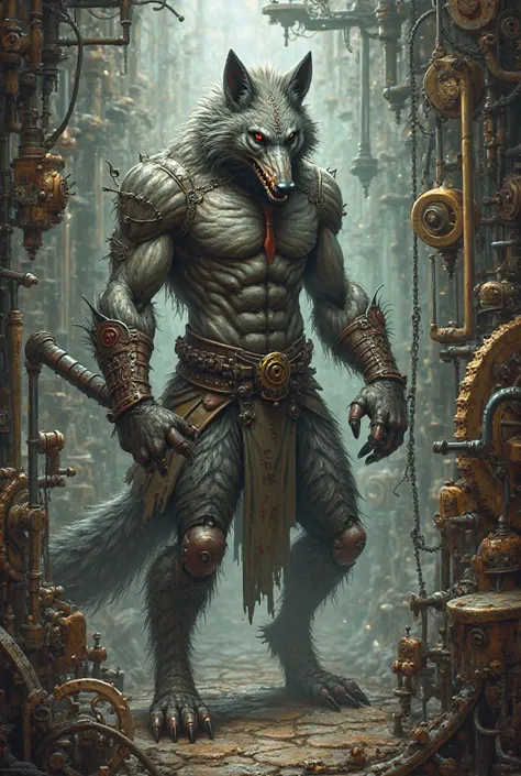 Half man half wolf, armed,  in a steampunk laboratory full of gears and machinery with a CAAB inscription