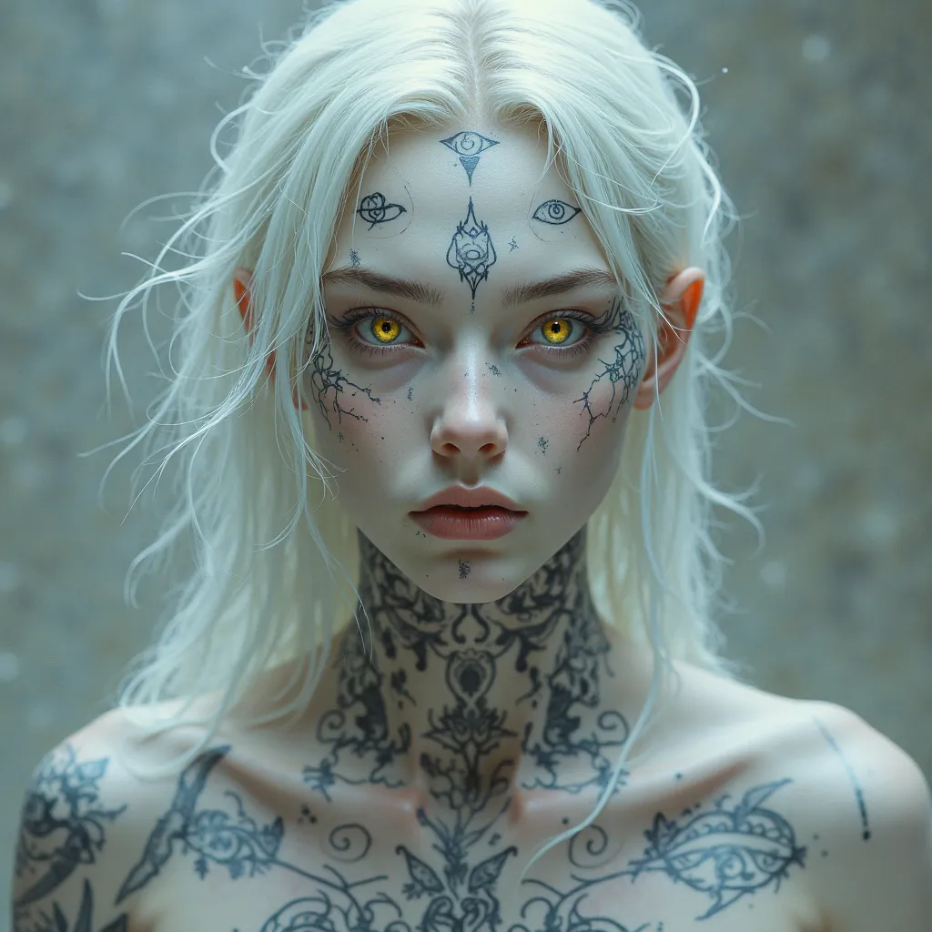 Male character of unknown race, Half-matte yellowish eyes, pure white skin as snow and hair of the same color, eye tattoos on the body