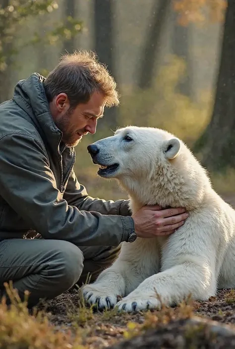 The man carefully cleans the polar bear's wound using a cloth and water from his bottle. The bear is calm but in pain, lying on its side. The background shows a peaceful forest with sunlight filtering through the trees."