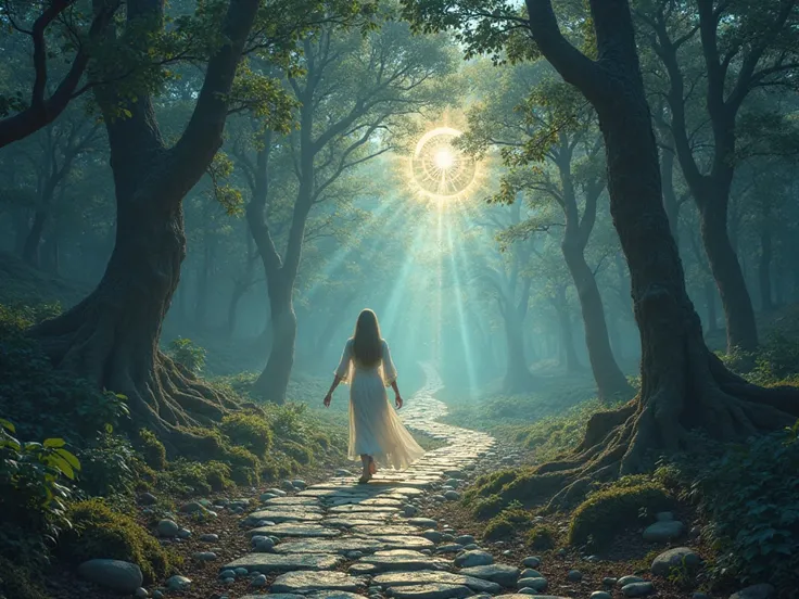 Imagine a journey of self-knowledge represented by a mystical path winding through an ancient forest. Among centuries-old trees, soft beams of light pierce through, illuminating a trail of shimmering stones. In the center of the scene, a solitary and seren...