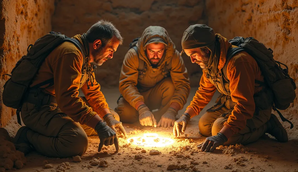 Modern archaeologists in a hidden tomb, uncovering a strange artifact near Cleopatra’s supposed burial site. The object emits a soft, otherworldly hum.