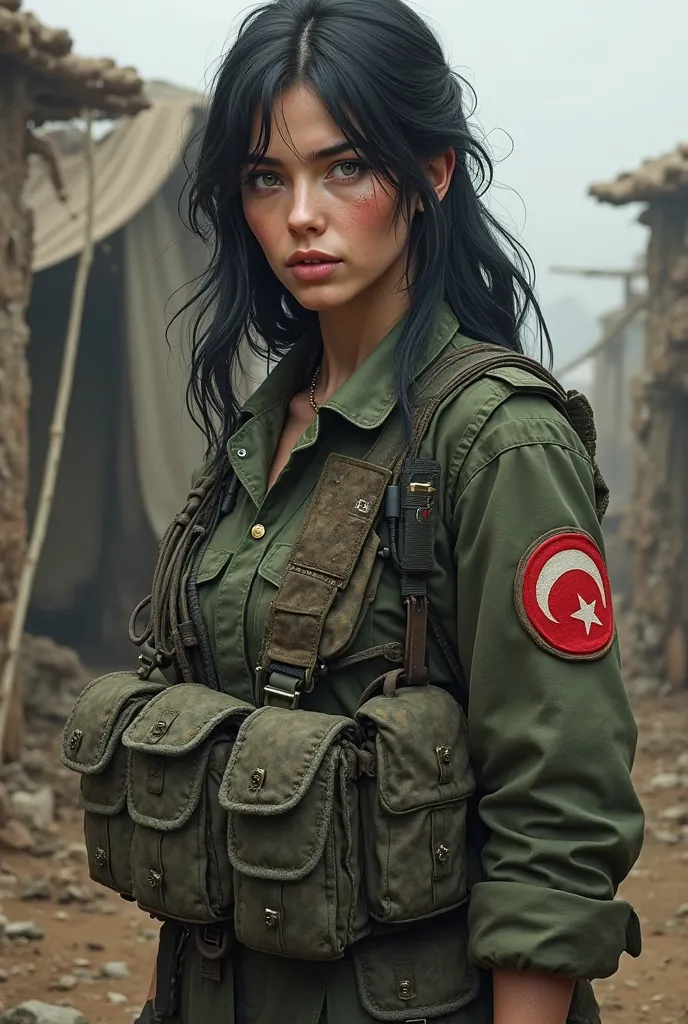 176 tall female turkish soldier with black hair and green eyes