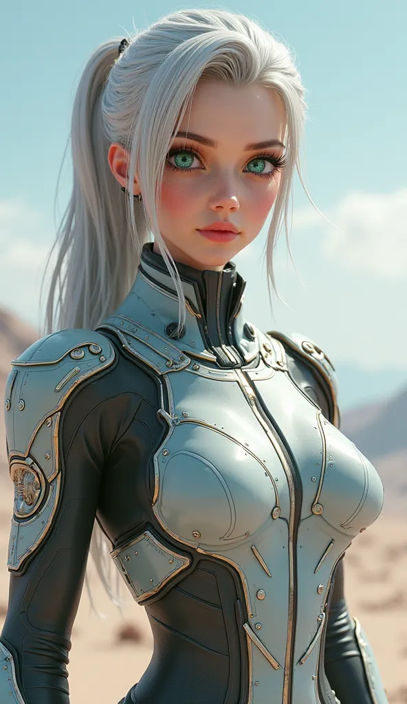 A stylized 3D image of a young woman, 28 years old, a futuristic spaceship commander. She has piercing green eyes, and her outfit is a mix of an elegant spacesuit and a high-tech uniform with exoskeleton enhancements integrated into her armor. Her hair is ...