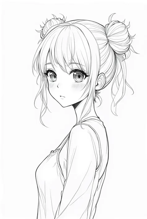 Generate me black and white lineart of an anime girl with bangs and two small frizzy and spiky ponytails on each side of her head and a coquette undershirt