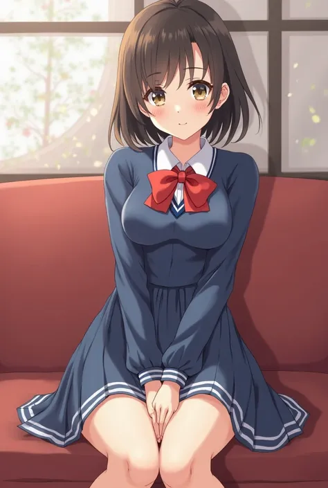 arafed asian girl in a blue dress and red bow tie sitting on a couch, a picture by Torii Kiyomoto, tumblr, shin hanga, seifuku, japanese girl school uniform, japanese school uniform, cute schoolgirl, magical school student uniform, wearing japanese school ...