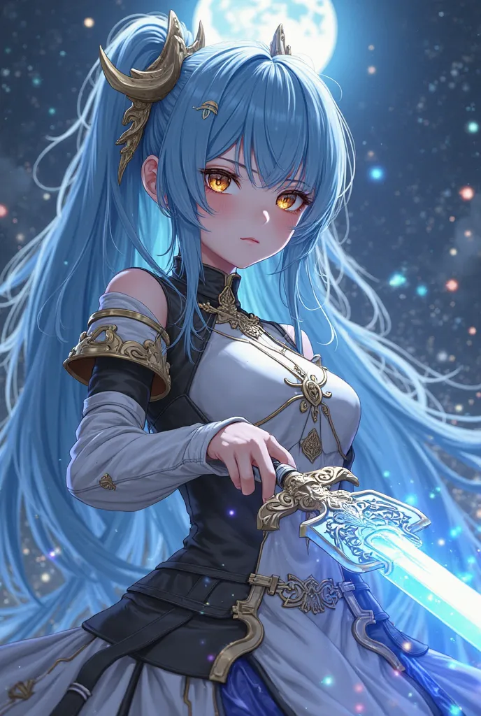 Anime style beautiful girl, , long blue hair, long bangs, timid white and black magic armor, moon hair ornament, holding a magical holy sword