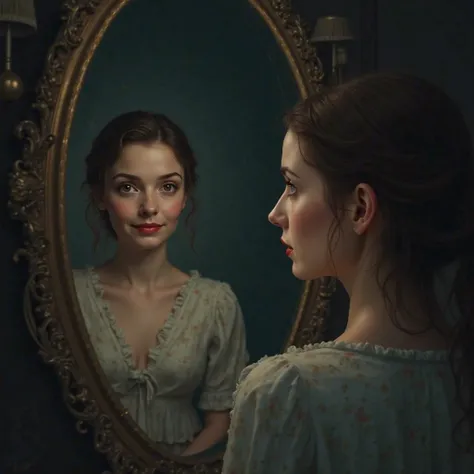 A woman looking in the mirror in whose reflection she sees herself as a  playing 