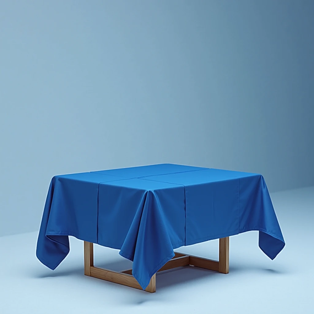 wooden table with unicolor blue tablecloth with zenital angle