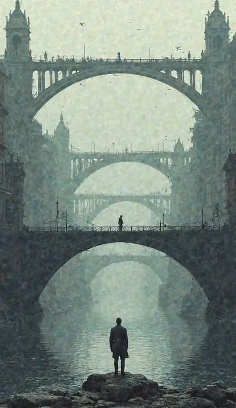 A man is standing between a lot numbers of different bridges. One of them are long and other are small and broken . These bridges are through a river