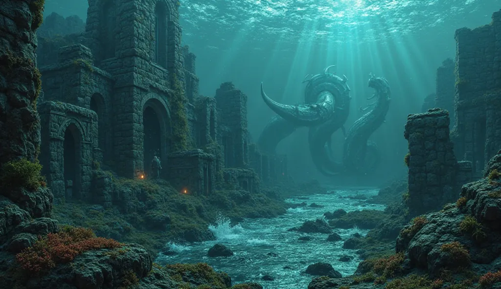 "A mystical, forgotten land of Atland from Norse legends, submerged beneath the ocean's depths. The remnants of towering Viking longhouses and stone structures lie half-buried under layers of seaweed and coral. The ruins are adorned with Norse runes and sy...