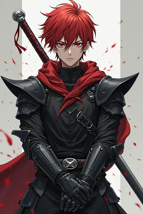 Anime style, beautiful redheaded young man with cold eyes, black armor holding double swords