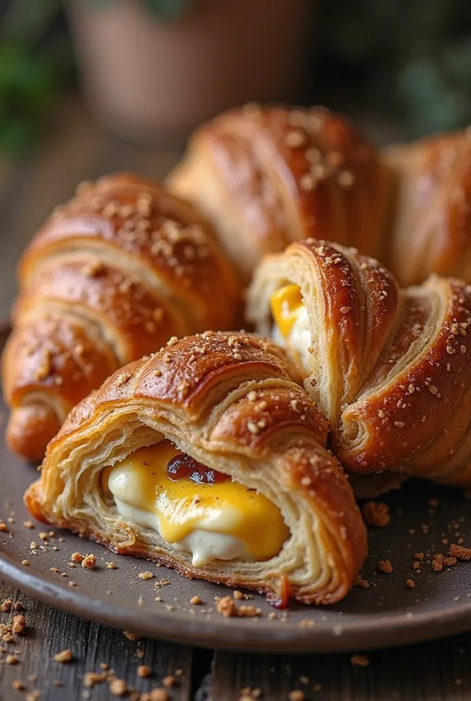 A croissant stuffed with such a filling together with details showing the filling on the inside and the delicious croissant shape on the outside