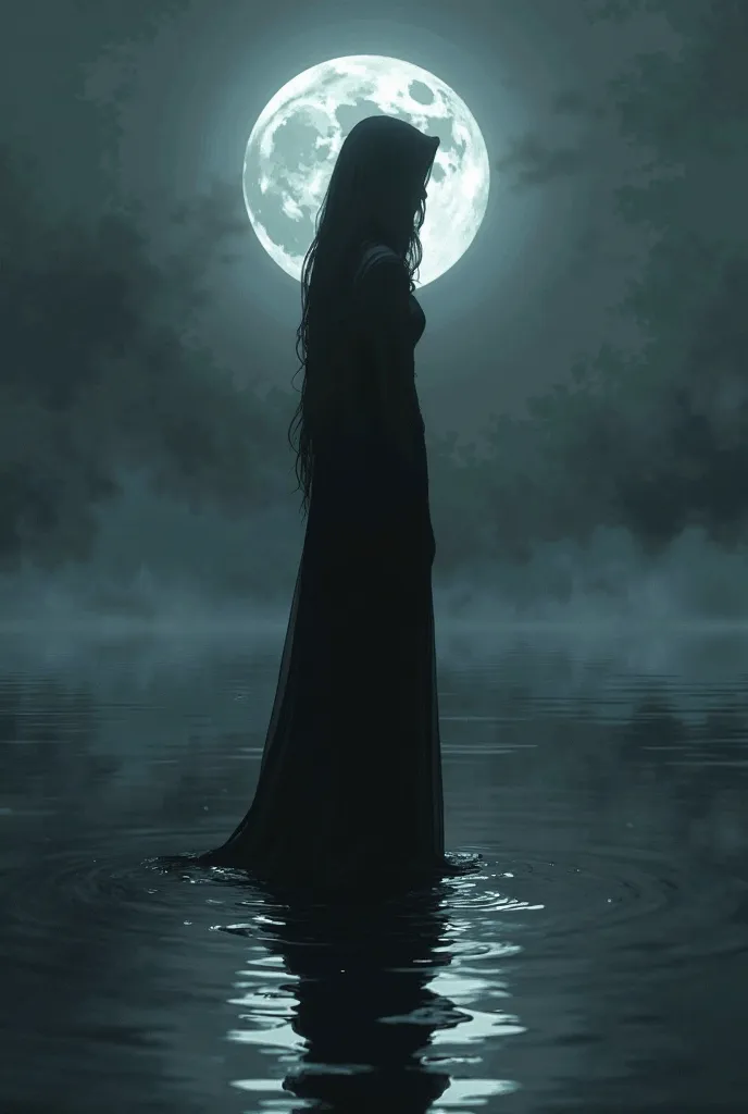 the shadow of a woman wearing a side cover, reflected in the water during a dark night