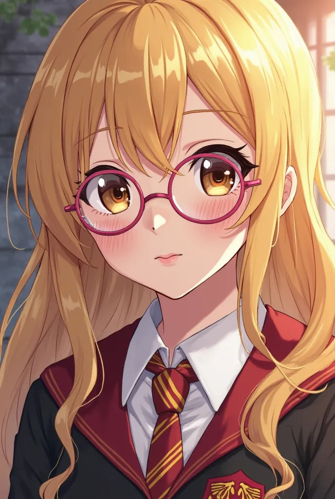 Close-up of an improved masterpiece:1.5)0.9],  ( long blond hair :1.1) ( brown eyes:1.2) (Women's Hogwarts uniform ) (pink glasses:1.0) (A radiant shine:1.1) (Thick lips:0.9)(You can see the torso)(anime style) (  )