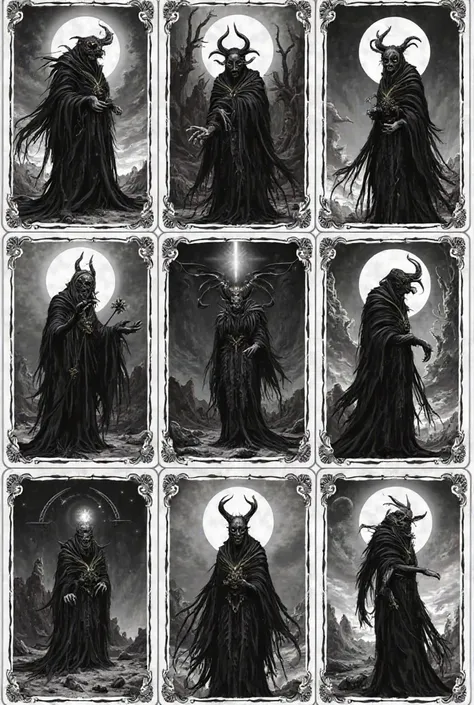 Illustrate each of the demonology-themed black tarot cards to me in a PDF, inspired by the world of Forbidden Psalm and in black and white