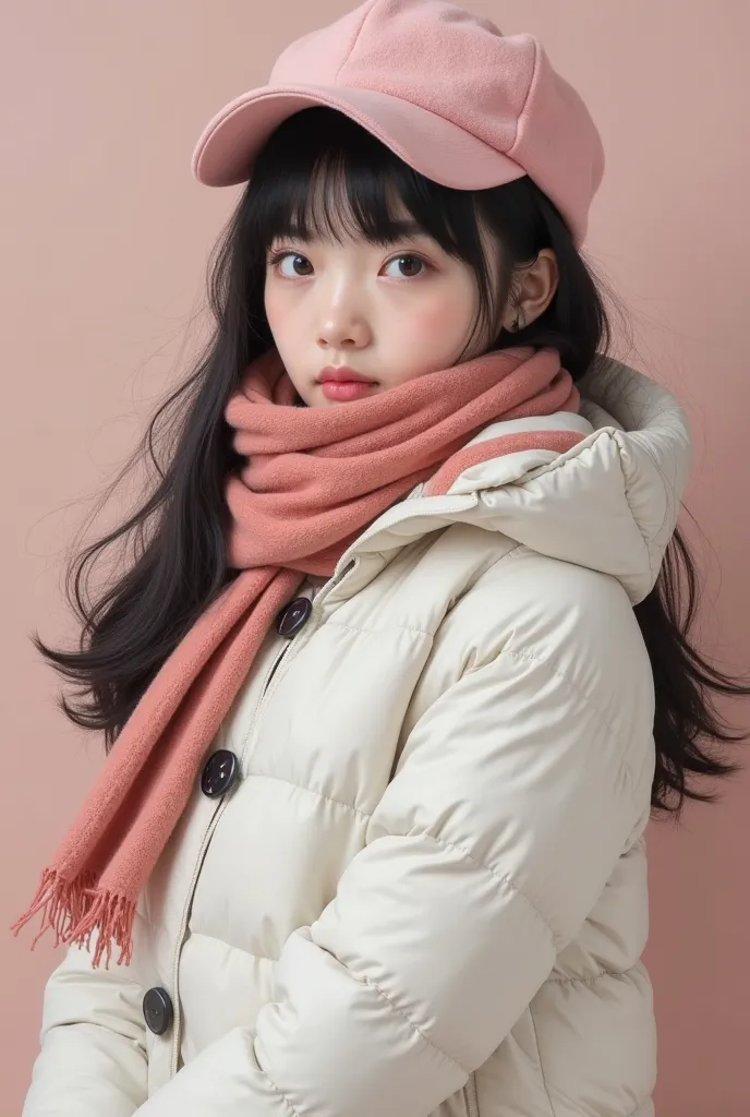 super realistic long straight black hair and bangs, brown-eyed 20-year-old white-skinned Japanese girl with big soft pastel halvany rusty pink scarf wrapped around her face and is wearing a white puffy jacket and a pale pink cap at the same level no makeup...