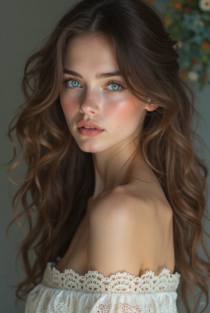 a girl aged approximately 18 years old with wavy hair and blue eyes with a medium-breasted bust 