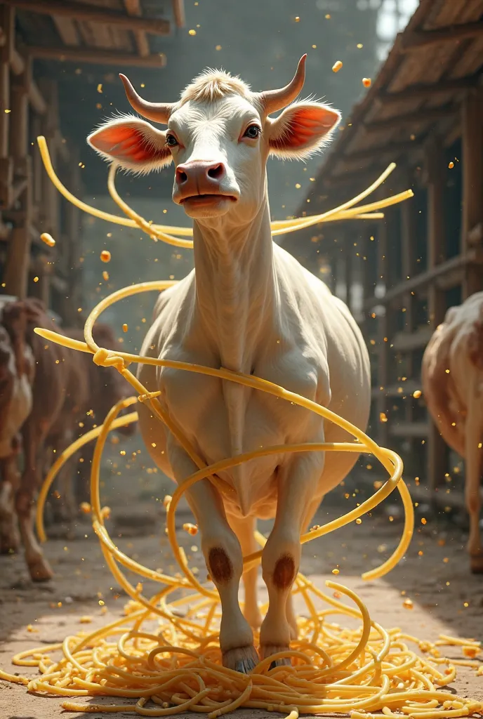 Dairy cow making spaghetti 
Of ballet in the air with a background in a milking environment in the background 