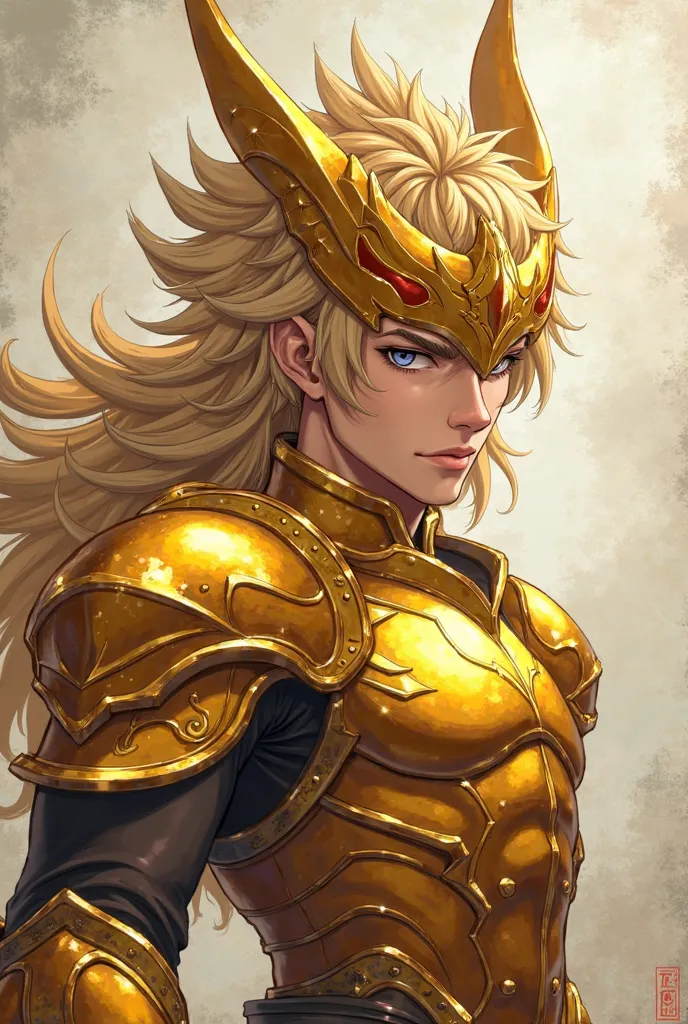 (( top quality)), (( masterpiece)), ( exhaustive) Anime style beautiful man, 20 years old, golden wild hair, Beast Ears ,   Golden Armor Golden Helmet Martial Arts Stance