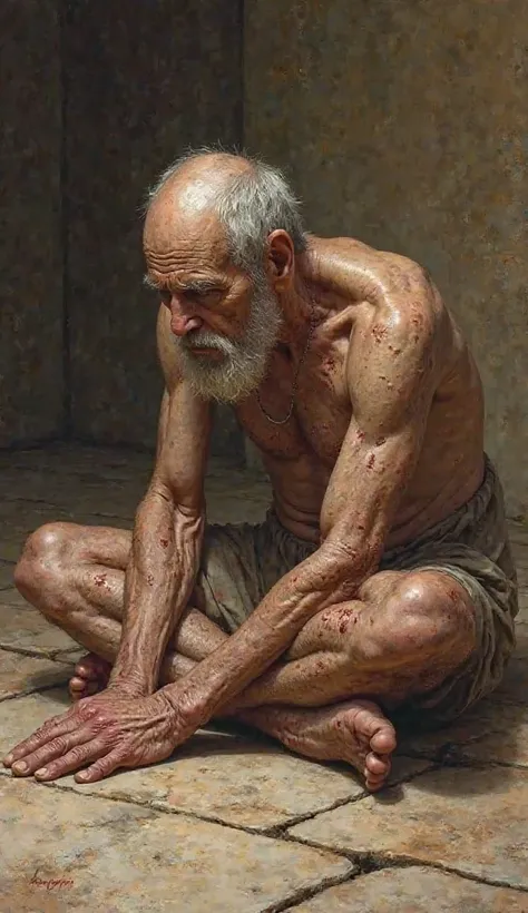 Create for me an image of the biblical character Job scratching himself against the tile because of leprosy 