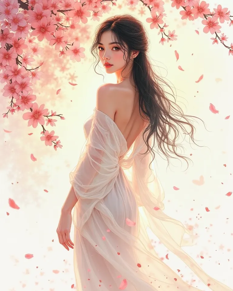 A delicate watercolor sketch-style illustration of an (ultra-slim Japanese beauty with flawless, porcelain-white skin, standing gracefully in a gentle swirl of cherry blossoms, her sheer white robe slipping off her shoulders, revealing her back down to the...