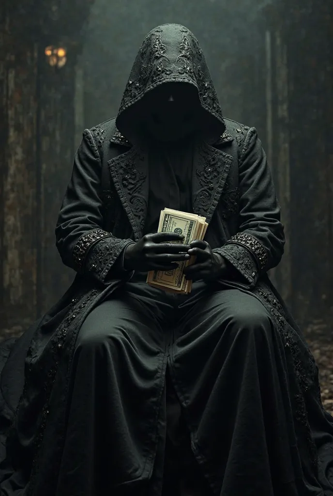 Make a picture of someone sitting on top of a very stylish and ornate black trench coat with some money in his arms. Darken the surrounding area.