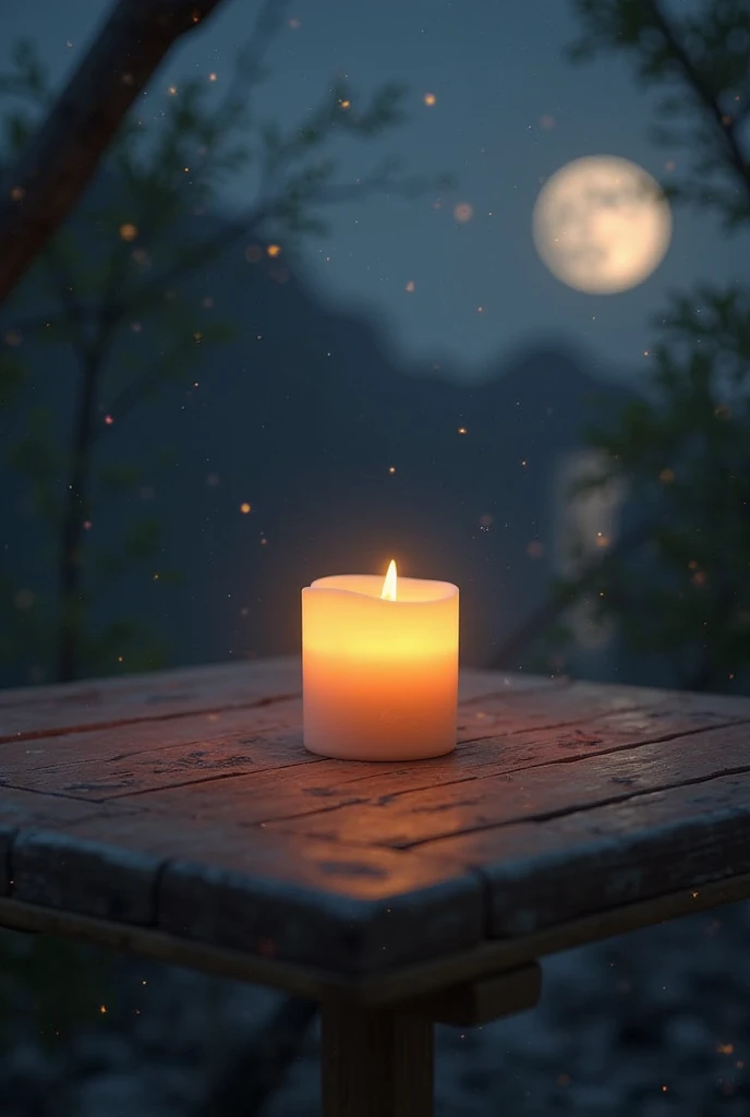 Container candle on a table in the moonlight