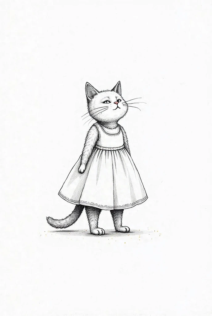 Drawing of a cat in a girl's dress, The cat is standing on two legs and the tail comes out under the dress. The cat is looking up slightly. The drawing is in black and white as done with ink and rapidograph