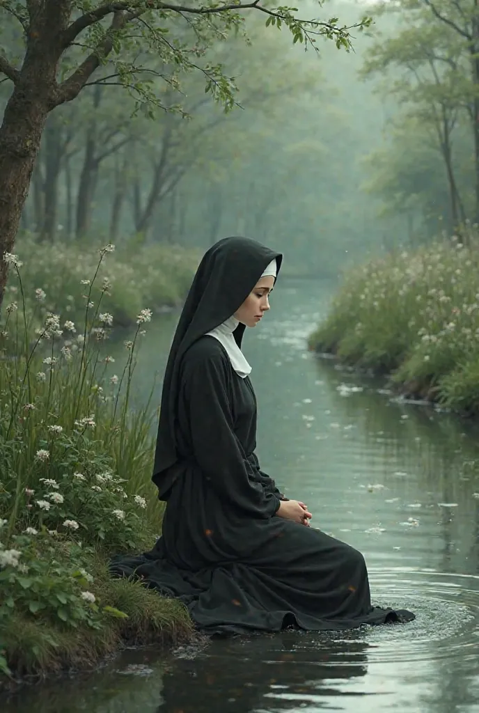 A green-eyed nun kneeling on the bank of a stream