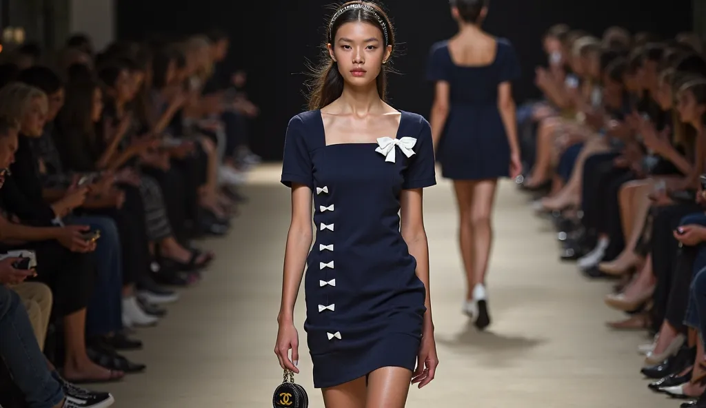 Female model wearing a dark blue mini dress with short sleeves and a square neckline. It features white bow detailing running vertically down one side of the dress. The dress has a fitted silhouette and a small slit at the hem. Two-tone slingback heels wit...