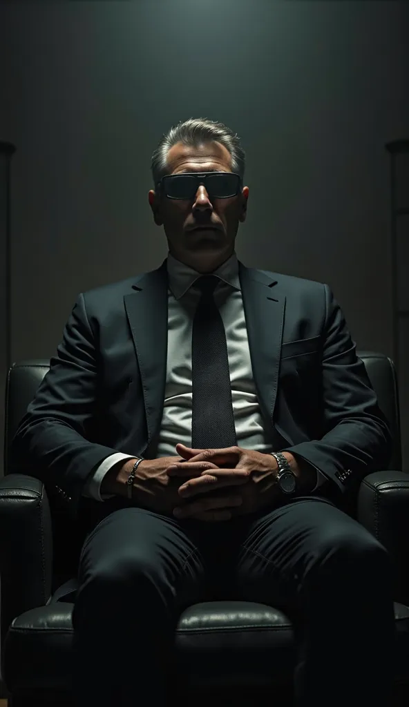 "A modern, powerful businessman sitting in a dimly lit room, half of his face hidden in shadows, conveying an aura of mystery and unpredictability. The atmosphere is sleek and cinematic, emphasizing the power of secrecy."