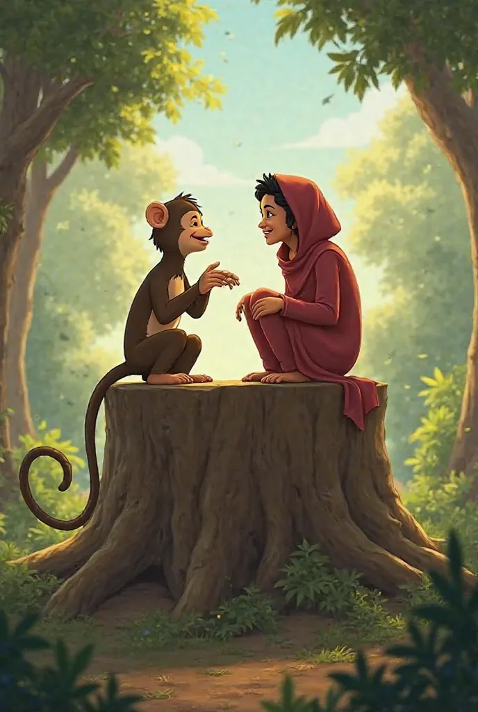 The Bond of Friendship
Prompt: "Moti and Ayesha, sitting on a large tree stump in the jungle, share a peaceful moment. Ayesha is laughing, and Moti, the monkey, is playfully sitting beside her, mimicking her gestures. The jungle around them is calm and ser...