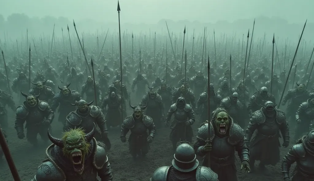 A high-angle, bird’s-eye view of a massive battlefield covered in fog. On one side, a horde of monstrous, savage orcs with green skin, twisted armor, and brutal weapons charges forward, screaming war cries. Their grotesque faces contorted with rage, tusks ...