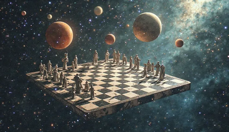 A massive chessboard floating in space, where planets serve as pieces and unseen hands move them, representing the idea that the universe may not be as independent as we think.