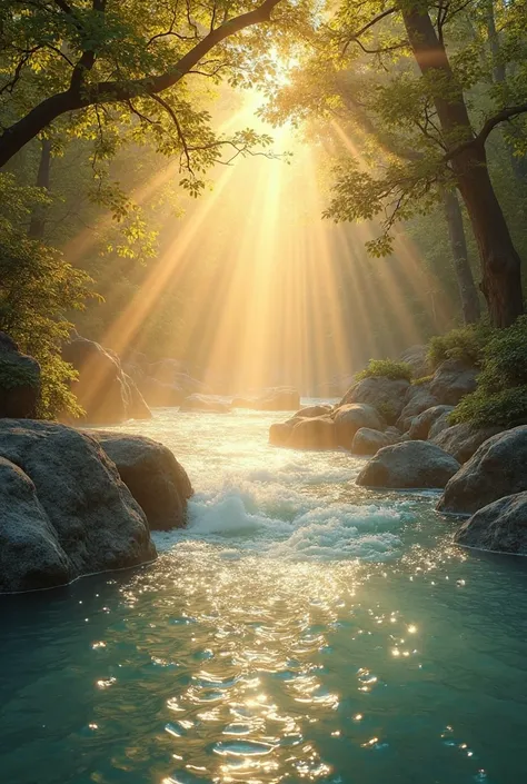 A spiritual and serene scene with a crystalline river flowing smoothly, symbolizing the purity and charity of Bezerra de Menezes. The golden light of dawn reflects on the water,  creating a heavenly glow . Rocks and leafy trees surround the river,  transmi...