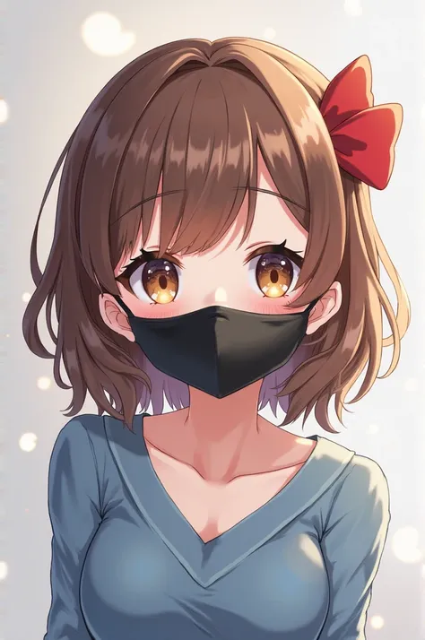  Create an image

*details*

1. *Style*: Anime kawaii.
2. *Hair*: Medium to the back brown,  with a red ribbon on her head .
3. *eyes*:  brown , wearing a black face mask.
4. *clothing*: blue.
5. *position*: from the front, looking at the camera.
6. *Botto...