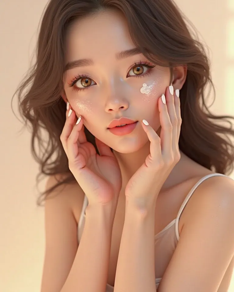 Generate avatar of a woman applying face cream to her face, she has brown hair and brown eyes ,all in 3d