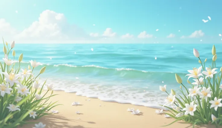 A serene coastal landscape with white lilies growing along the waterfront, ocean waves gently hitting the sand, and a clear blue sky above.