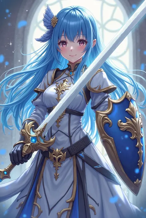 Anime style beautiful girl, , blue, long hair, long bangs, timid white and black magic armor, magical little shield, moon hair ornament, holding a magical holy sword