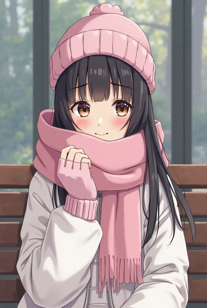 long straight black hair and bangs, brown eyes 20 years old white skinned Japanese girl wrapped a big soft pastel light pink scarf around her face and wearing a white puffer jacket and a light pink hat at the level no makeup she is sitting on a bench and w...