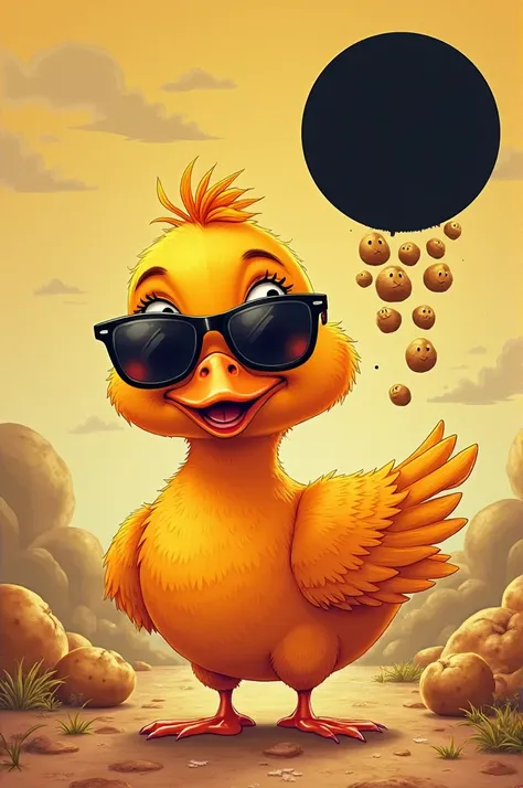 Orange duck with shades of yellow with a wink expression lowering the completely black sun potatoes on the right side coming down with a wink expression with one of the wings on the right side in a curesco face style