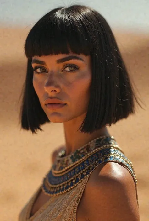  A photo of Cleopatra with natural skin ,  short and lush black hair ,   sharp eyes with blue shadows  , thin and upturned nose,  beautiful lips,  Sexy hourglass figure , very sexy Egyptian royal wear, and makeup, exquisitely maximally detailed, bright,  e...