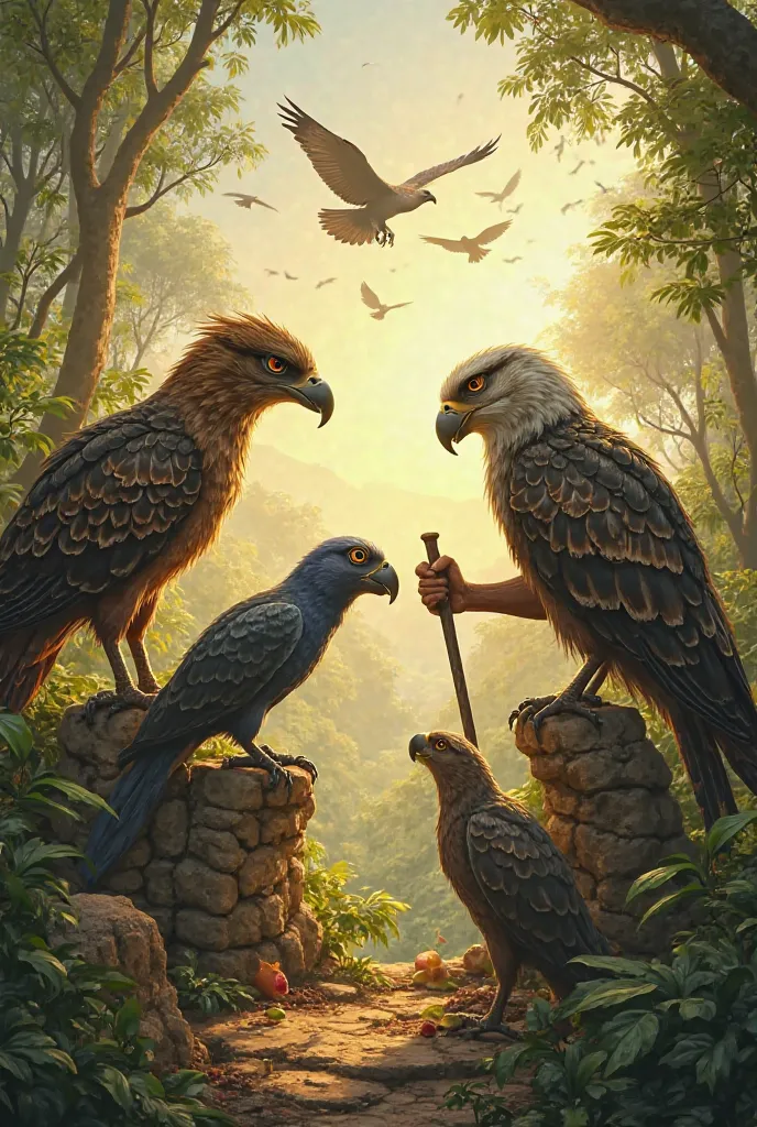 Here’
"After the brutal battle and the fall of their leader, the two bird tribes stand in an uneasy silence. The jungle, once filled with the sounds of war, is now calm, with golden sunlight filtering through the trees. Warriors from both sides, their feat...