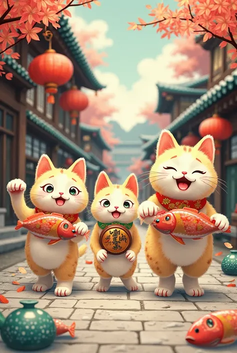 The three lucky cats happily carry fish back home, while the unsuccessful cat follows behind, looking sad.