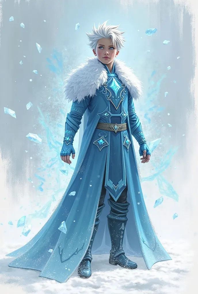 Two-dimensional drawing of a young boy Jack Frost, concept art inspired by Olaf Gulbransson, pixiv, Conceptual art,  If I had ice powers ,  this character has cryokinesis , with ice powers, Ice Mage, God of the winter,  Ice Lord , detailed fanart, ice spel...