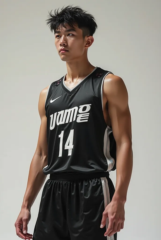 A young ager, Korean, sweaty, wearing a satin basketball jersey, Glossy black color, Nike logo,  number 14 ,  very tight clothes, full image, seen from the front and back.  