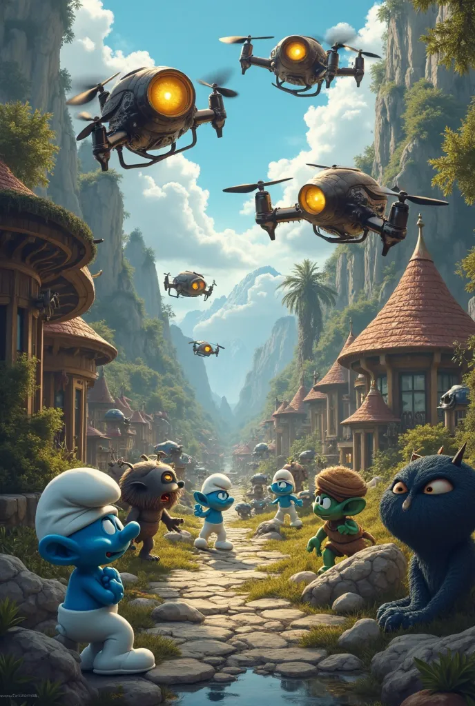 Parallel Worlds, Smurfs vs. Gremlins , with the help of drones with golden metallic eyes 